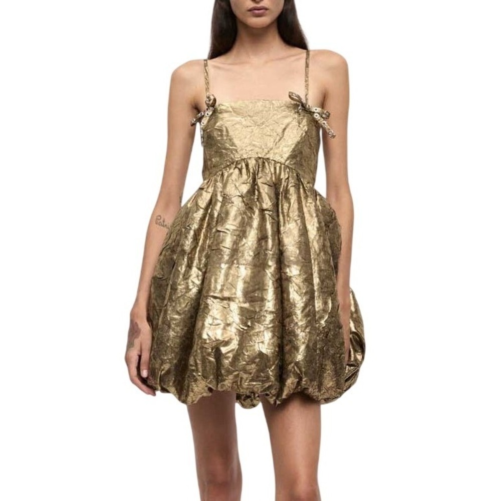 NWT GANNI Shibori Pleat Strap Bubble Hem Mini Dress in Gold. Size 4